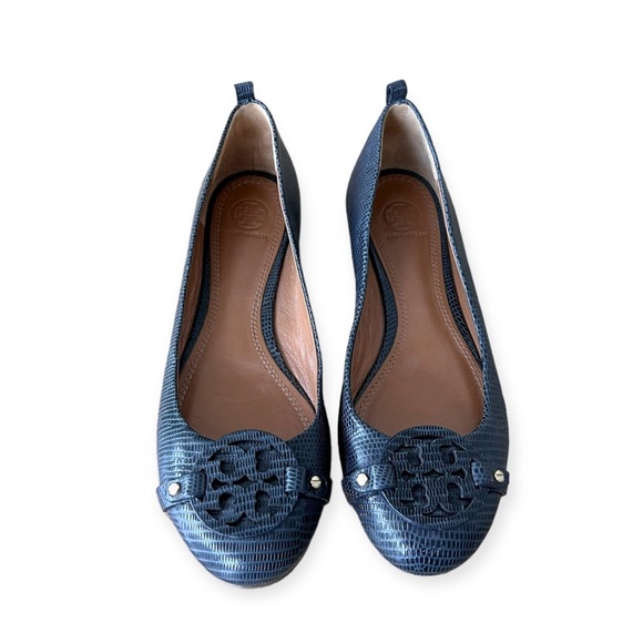 Tory Burch Mini Miller Leather Logo Flats Matte Micro Tejus Print Navy Blue 8.5 - Picture 13 of 13